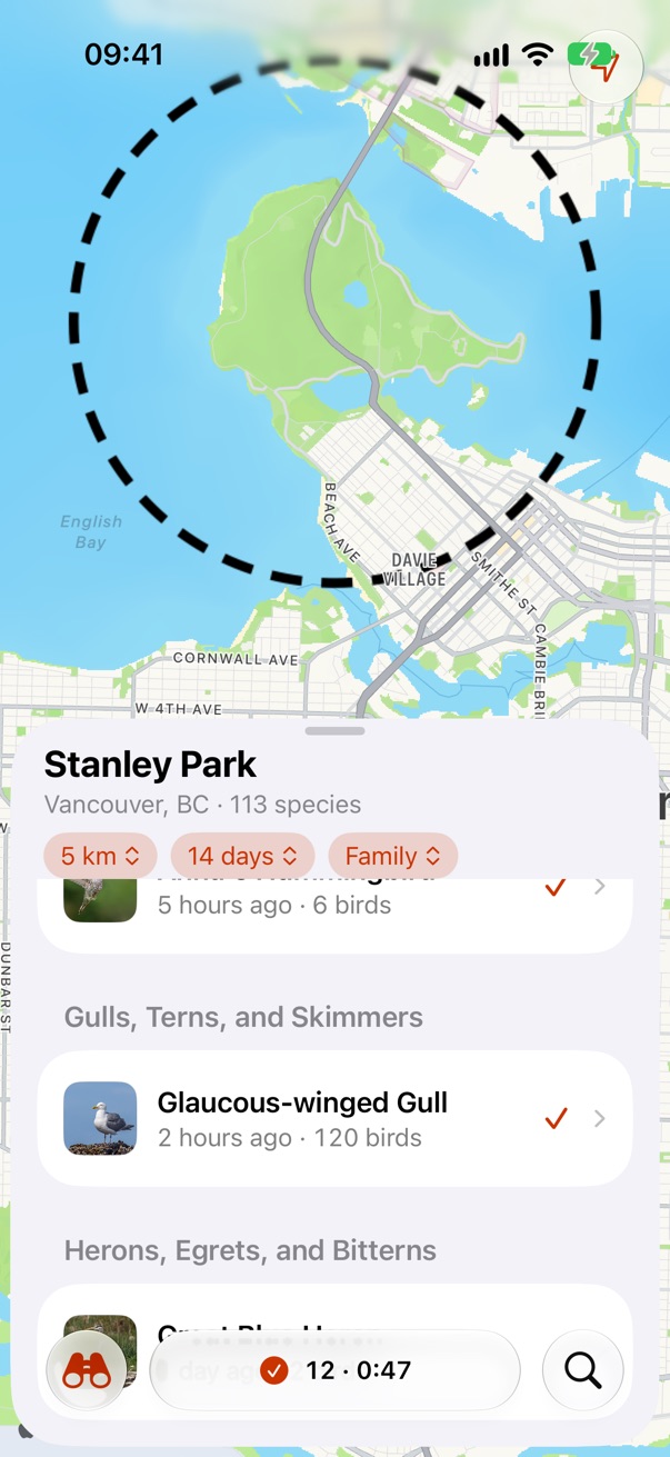 After a drag: binoculars, the list inline, search