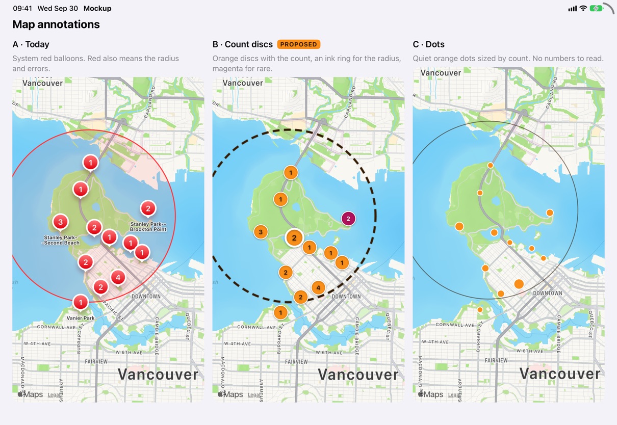 Three options for sightings, on the same data